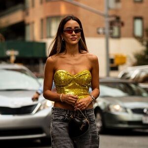 AREA Cropped sequined tulle bustier top